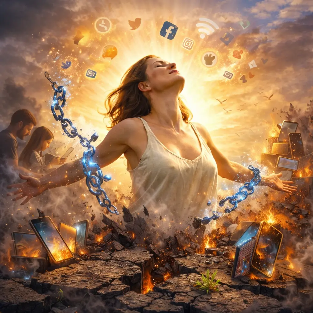 Femme se libérant symboliquement de l’addiction aux écrans, brisant des chaînes numériques dans une lumière apaisante, illustrant la souveraineté numérique et la détox digitale.