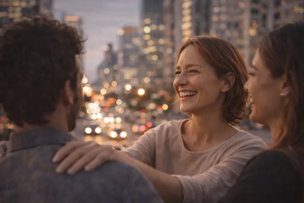 Femme heureuse retrouvant ses amis en ville, symbole de bien-être et de lien social retrouvé