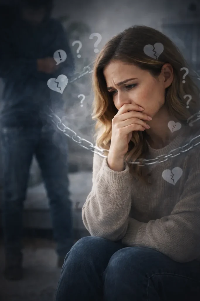 Femme sous l’emprise d’un pervers narcissique ressentant confusion et doute