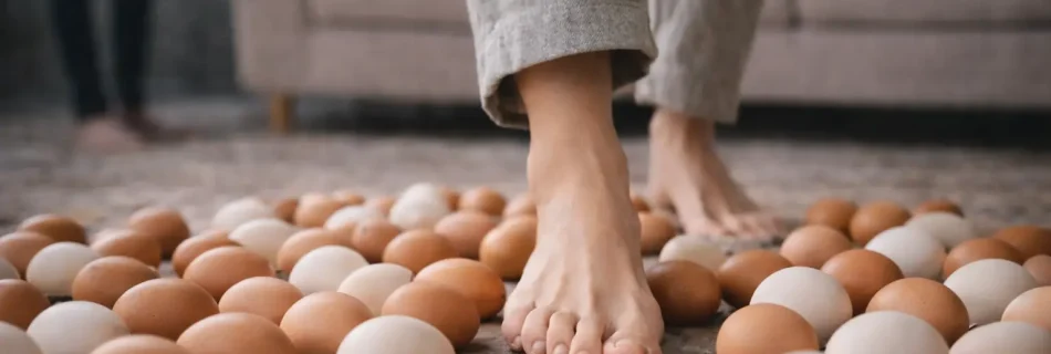 Personne marchant pieds nus sur des œufs au sol, symbole de tension et de relation toxique