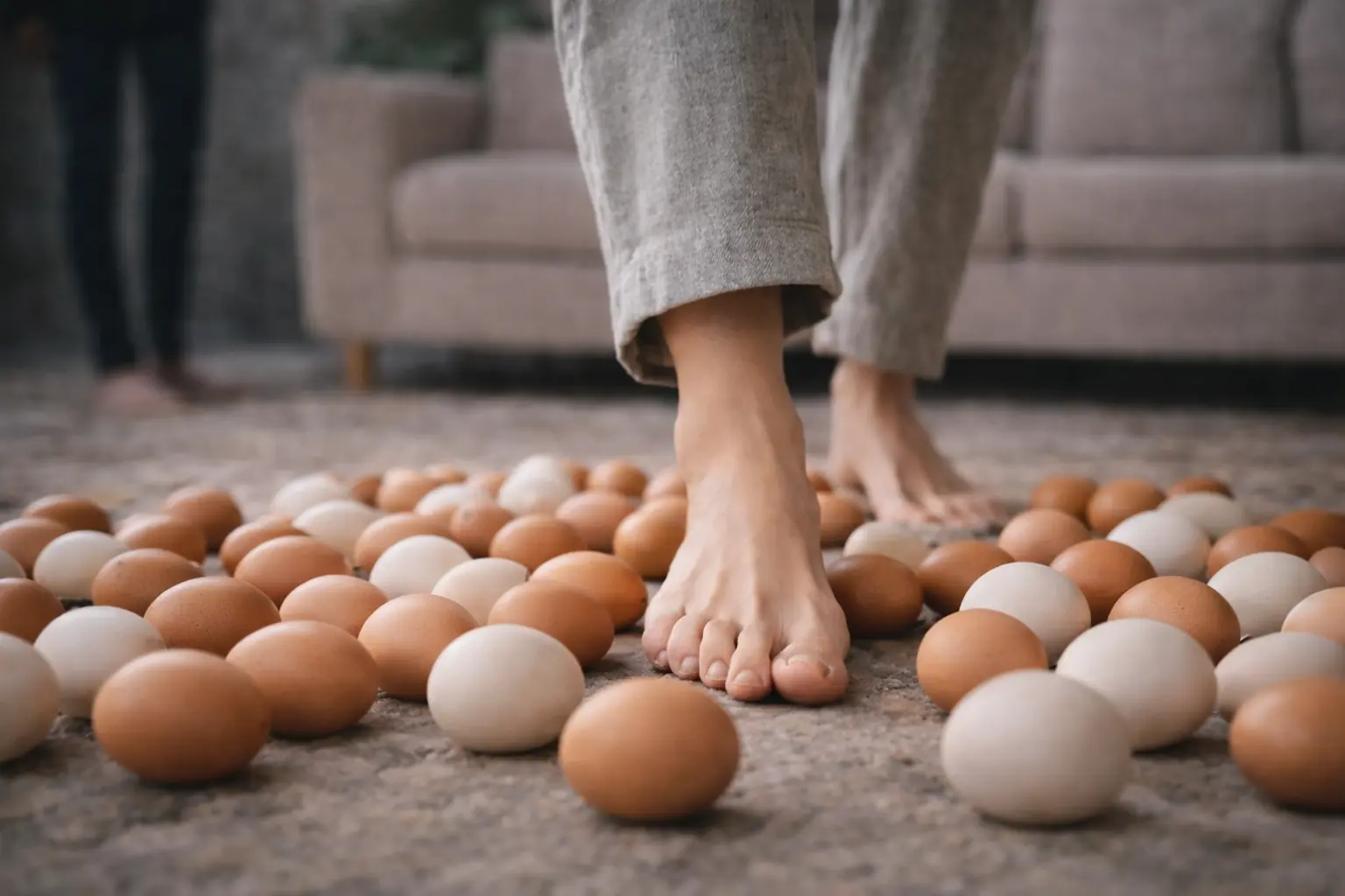 Personne marchant pieds nus sur des œufs au sol, symbole de tension et de relation toxique
