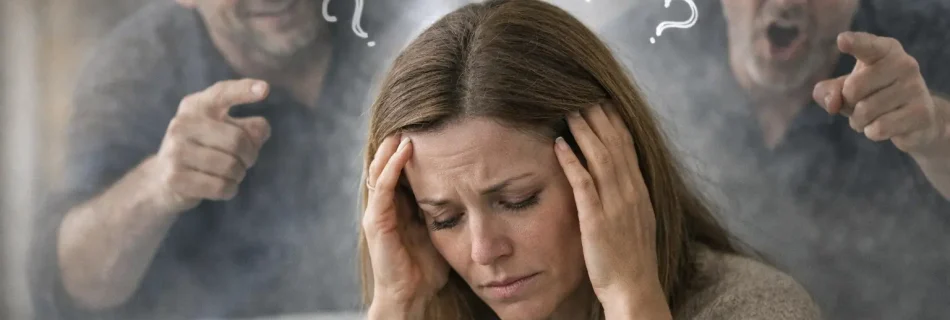 femme en détresse mentale doutant d’elle-même face à un pervers narcissique manipulateur