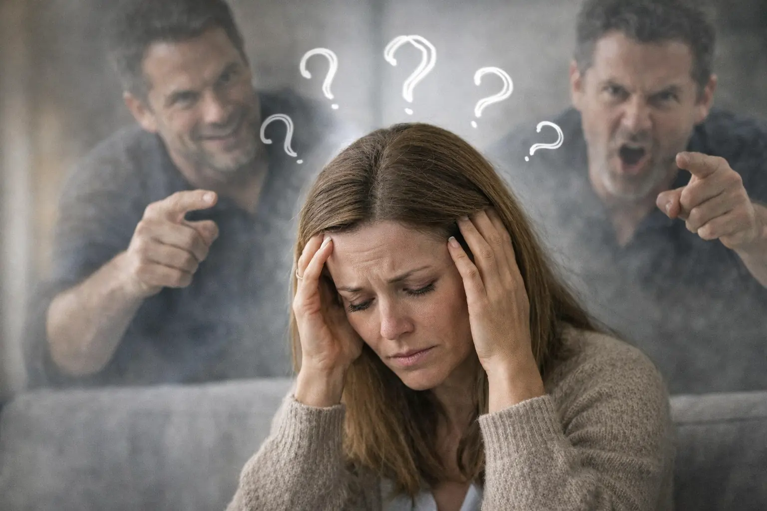 femme en détresse mentale doutant d’elle-même face à un pervers narcissique manipulateur