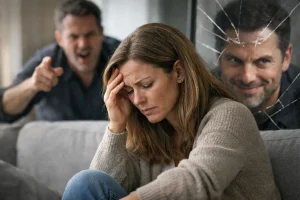 femme en détresse face à un pervers narcissique manipulant dans une relation toxique