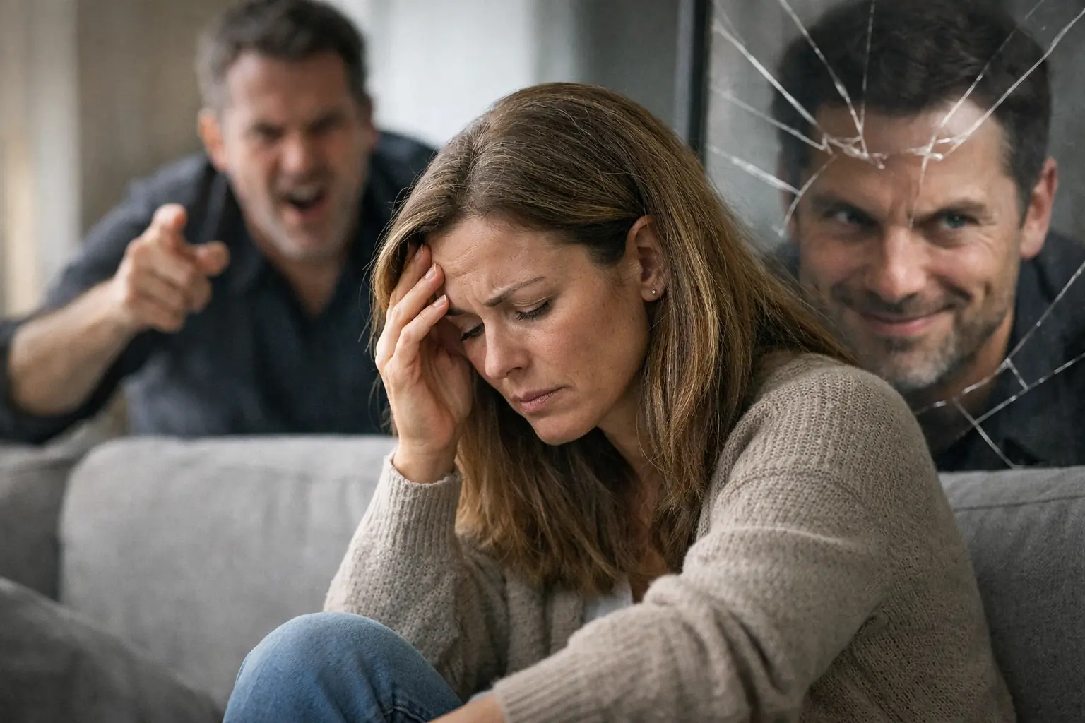femme en détresse face à un pervers narcissique manipulant dans une relation toxique