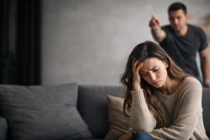 Femme en détresse face à un partenaire agressif illustrant une relation d’emprise et un pervers narcissique