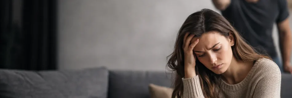 Femme en détresse face à un partenaire agressif illustrant une relation d’emprise et un pervers narcissique