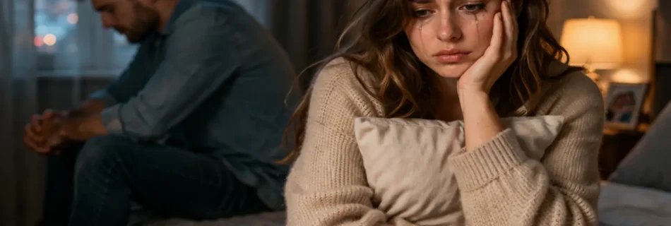 Femme triste dans une relation toxique assise sur un lit avec un partenaire distant en arrière-plan