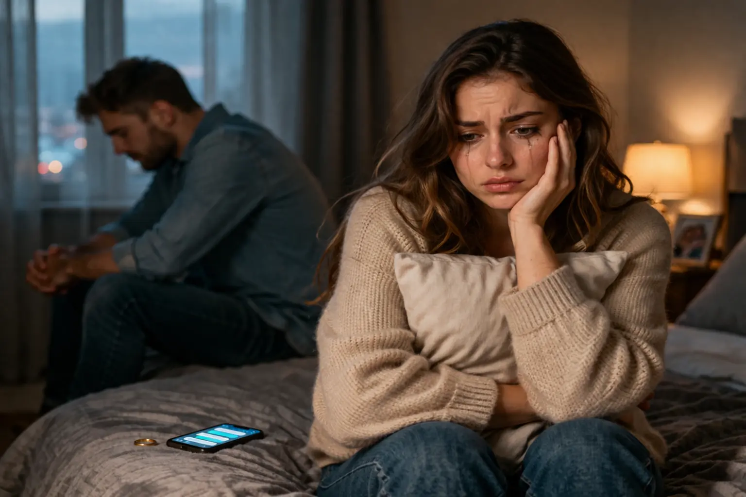 Femme triste dans une relation toxique assise sur un lit avec un partenaire distant en arrière-plan