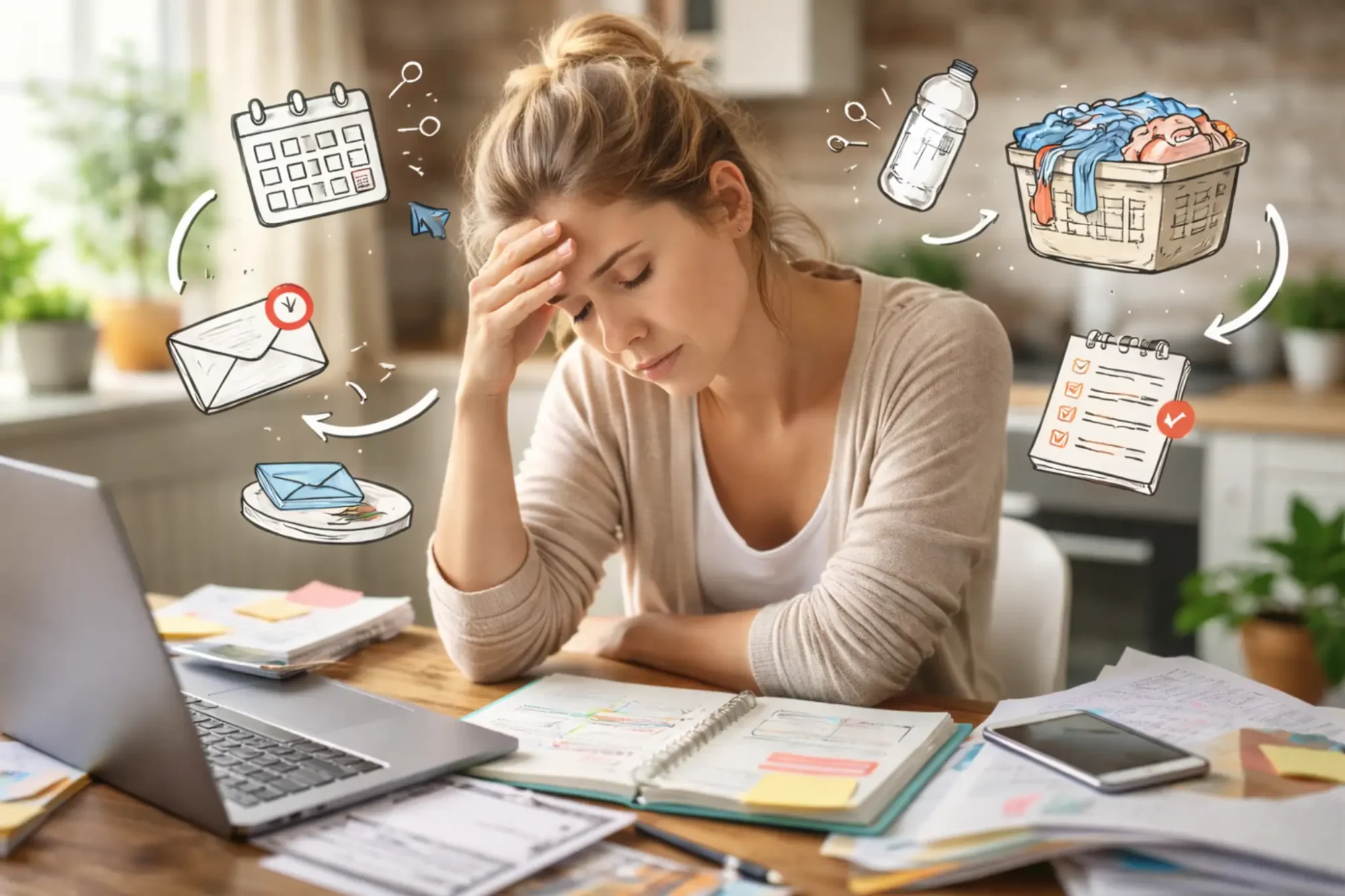 Femme souffrant de charge mentale entre travail, organisation familiale et tâches du quotidien