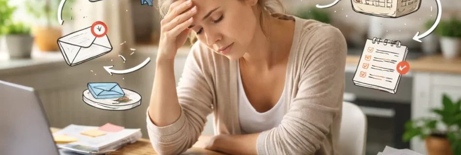 Femme souffrant de charge mentale entre travail, organisation familiale et tâches du quotidien