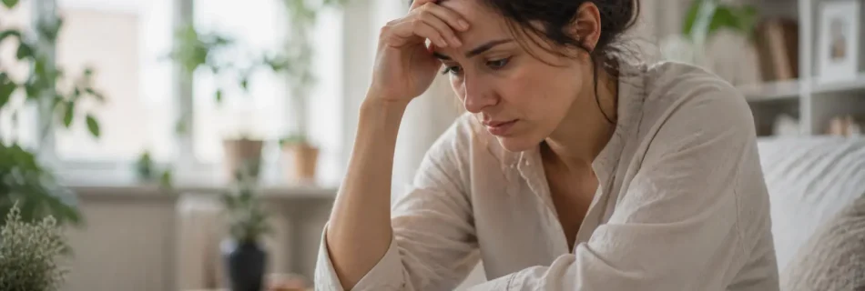 femme anxieuse assise seule regard inquiet stress mental surcharge émotionnelle intérieur lumineux