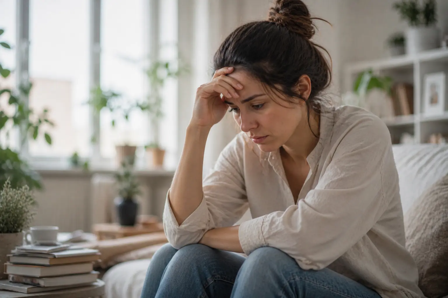 femme anxieuse assise seule regard inquiet stress mental surcharge émotionnelle intérieur lumineux