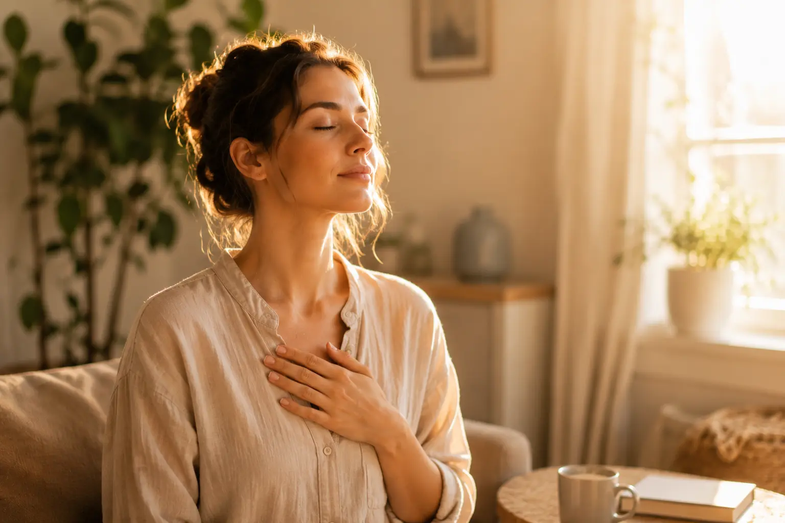 femme sereine respiration calme lumière douce apaisement émotionnel équilibre intérieur