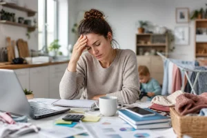 femme débordée par la charge mentale entre travail et tâches du quotidien, stress et fatigue mentale