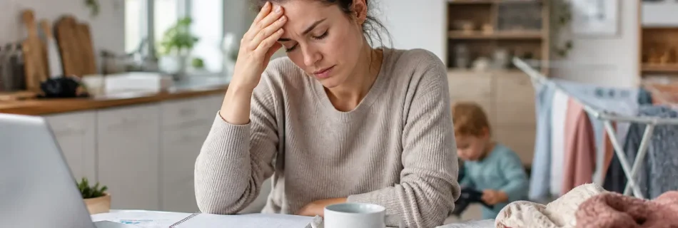 femme débordée par la charge mentale entre travail et tâches du quotidien, stress et fatigue mentale
