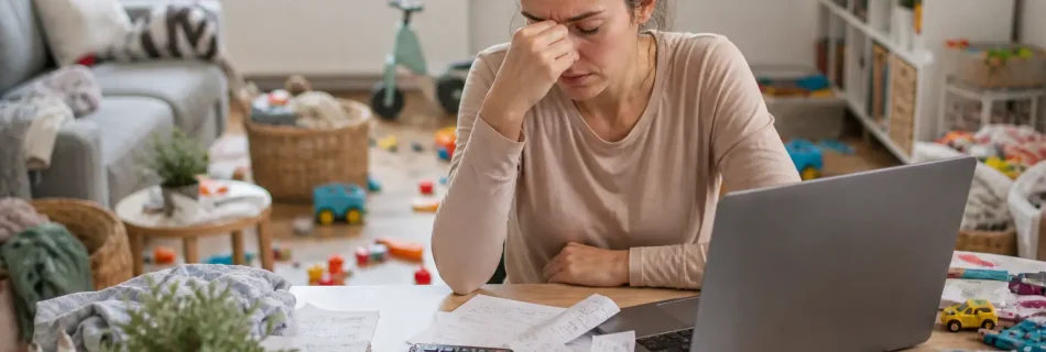 femme débordée par la charge mentale au bureau entourée de factures ordinateur et jouets d’enfant stress et fatigue mentale