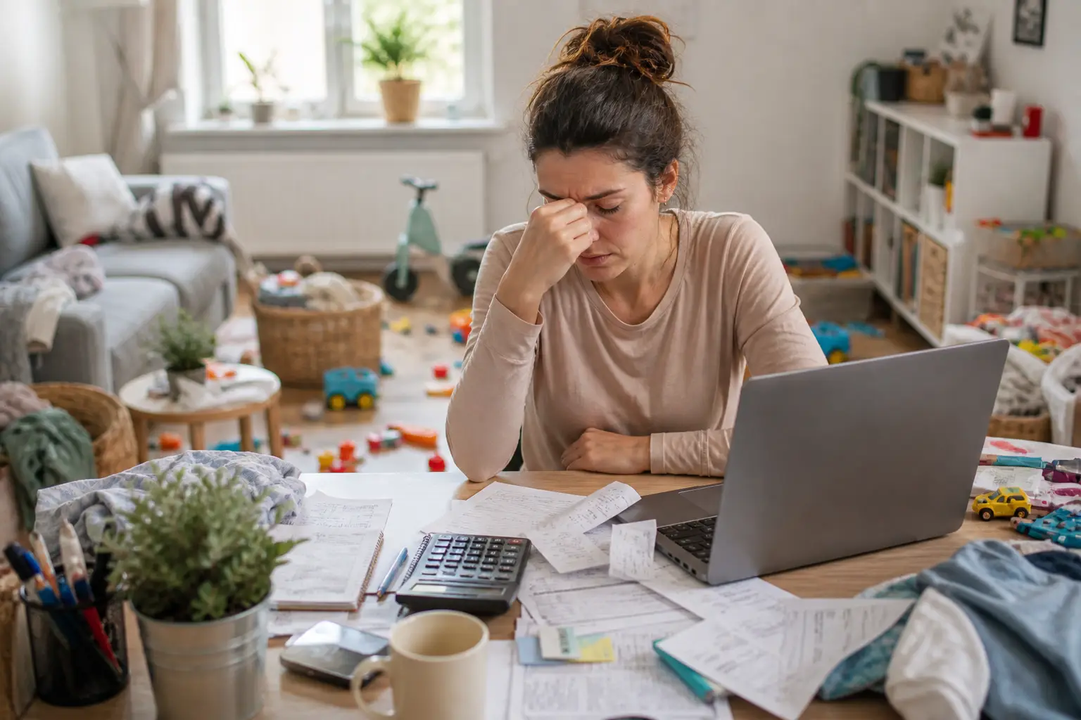 femme débordée par la charge mentale au bureau entourée de factures ordinateur et jouets d’enfant stress et fatigue mentale