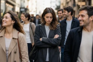 femme triste dans une rue entourée de personnes confiantes comparaison sociale manque de confiance en soi