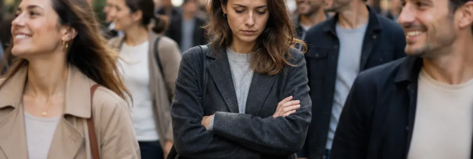 femme triste dans une rue entourée de personnes confiantes comparaison sociale manque de confiance en soi