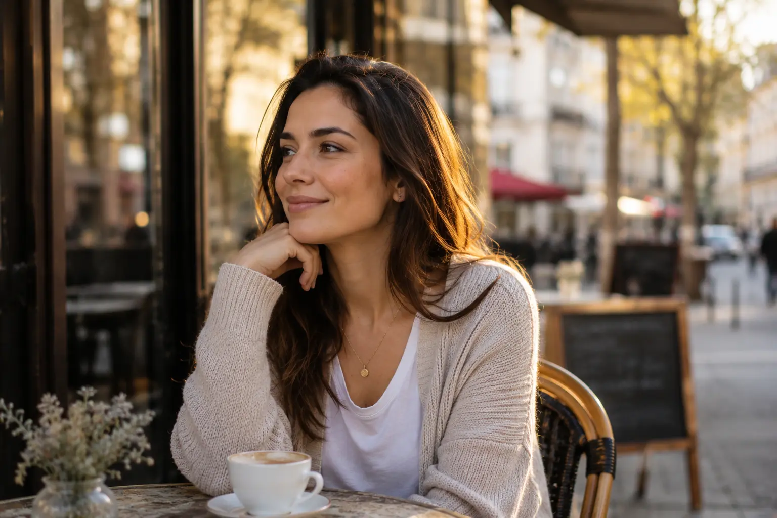 femme apaisée sourire léger confiance en soi retrouvée sérénité émotionnelle