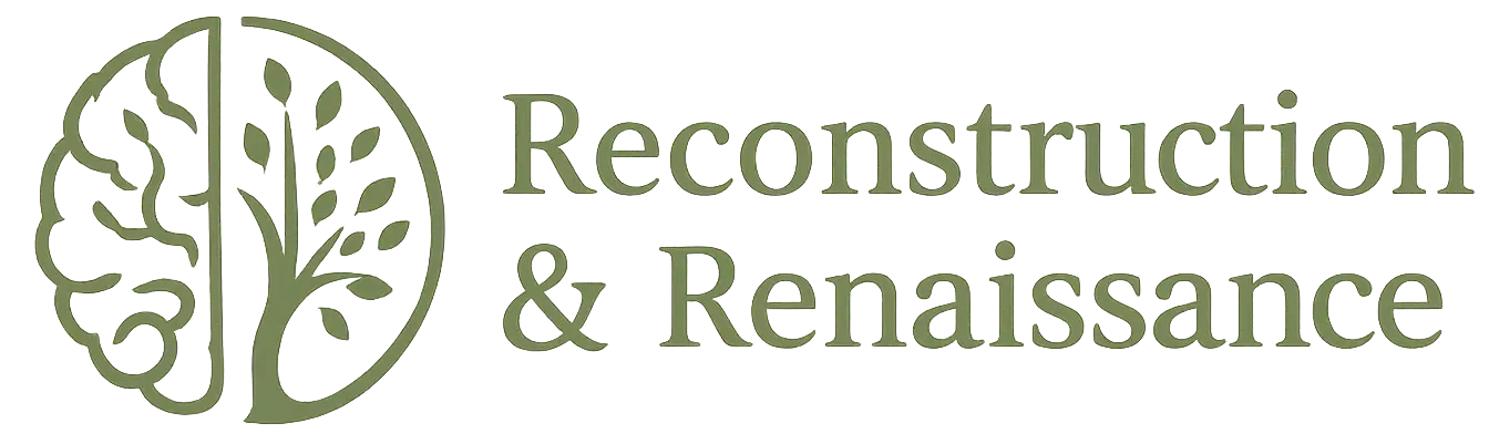 Logo Reconstruction & Renaissance en vert sauge représentant un cerveau et un arbre symbolisant la reconstruction mentale, le développement personnel et la renaissance.