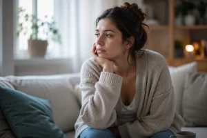 femme seule pensive regard vide fatigue émotionnelle introspection intérieur calme lumière naturelle
