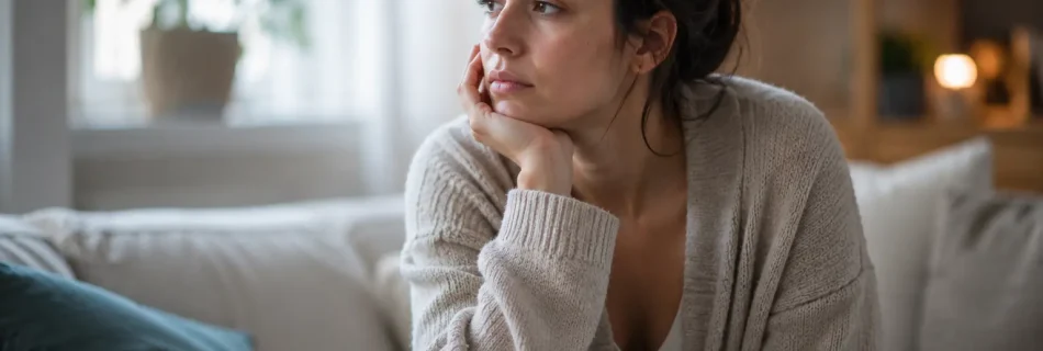 femme seule pensive regard vide fatigue émotionnelle introspection intérieur calme lumière naturelle