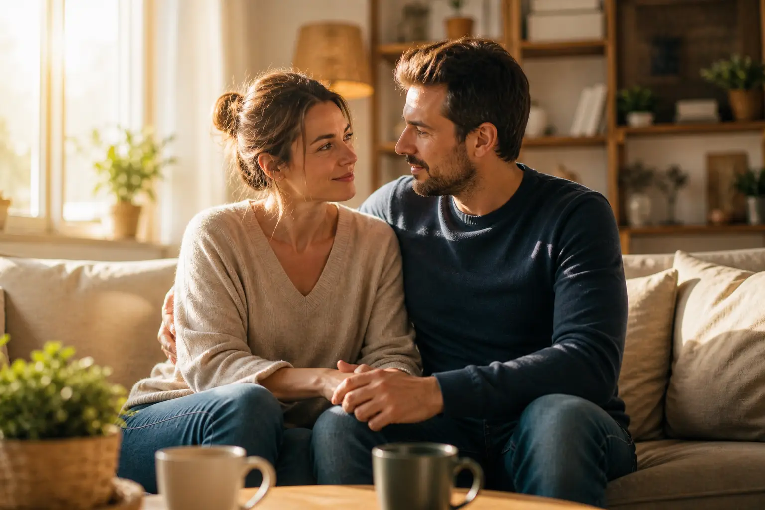 couple apaisé retrouvant équilibre et sérénité après répartition des tâches