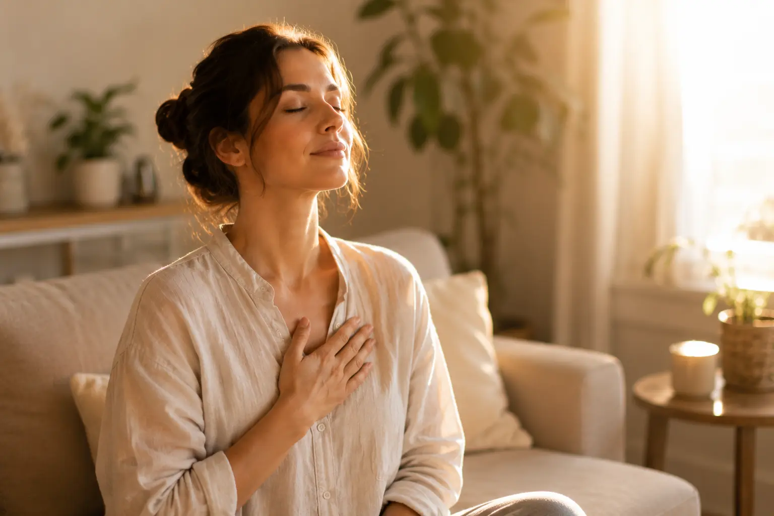 femme sereine respiration calme lumière douce apaisement émotionnel