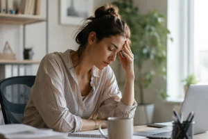 femme seule au bureau fatigue émotionnelle besoin de repos surcharge mentale lumière naturelle