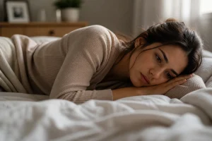 femme allongée seule regard vide fatigue émotionnelle épuisement mental profond
