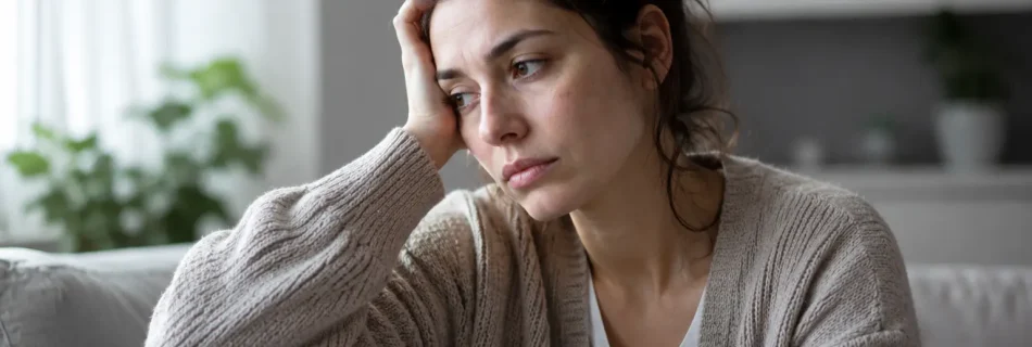 femme fatiguée mentalement regard vide surcharge émotionnelle stress intérieur fatigue psychologique
