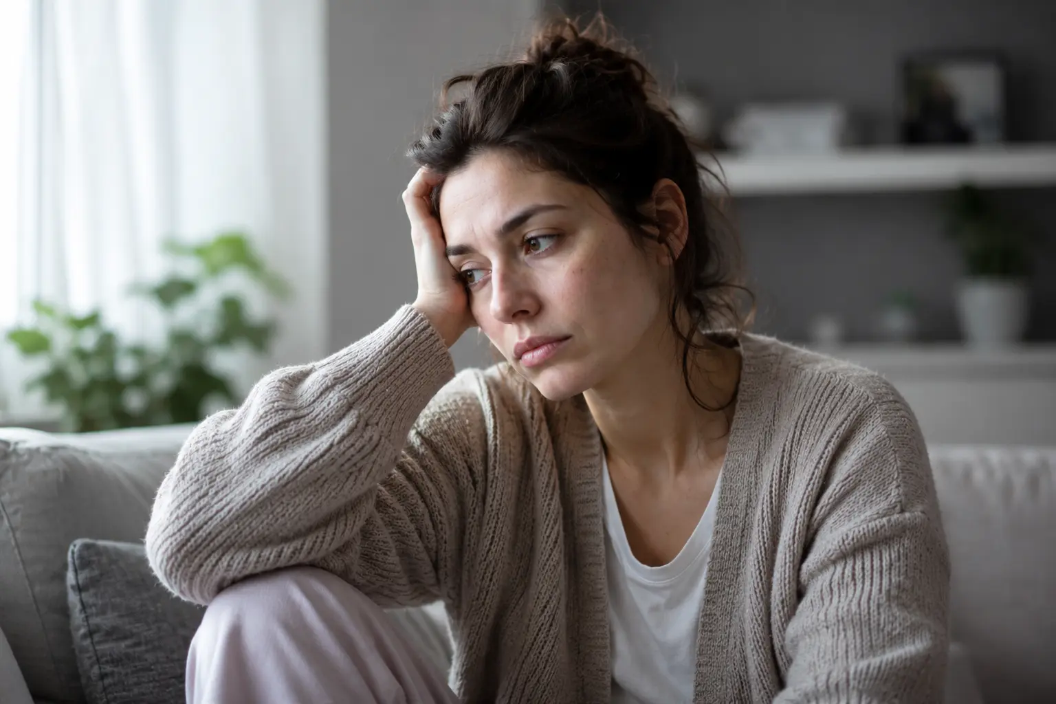 femme fatiguée mentalement regard vide surcharge émotionnelle stress intérieur fatigue psychologique