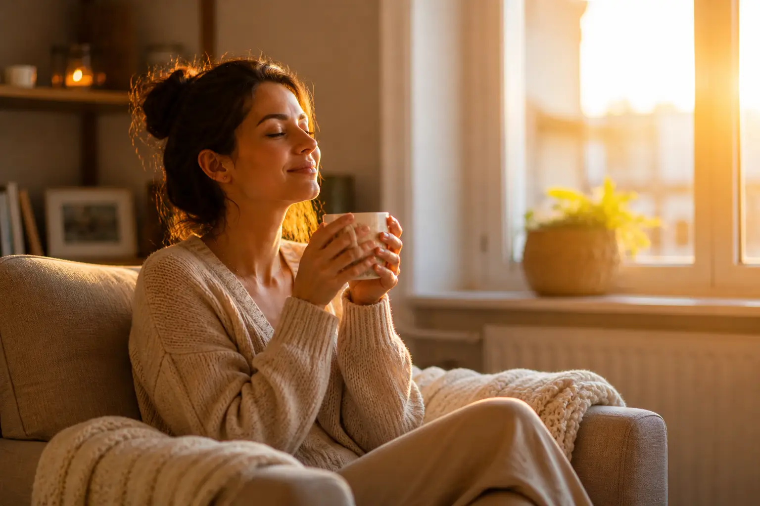 femme apaisée respiration calme nature coucher de soleil détente mentale