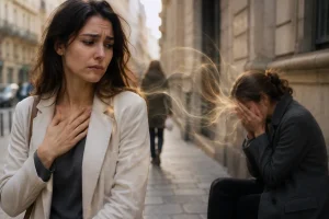 femme hypersensible absorbant la tristesse d une autre femme dans la rue surcharge émotionnelle empathie excessive