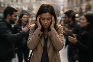 femme hypersensible absorbant émotions des autres fatigue émotionnelle stress mental dans la rue