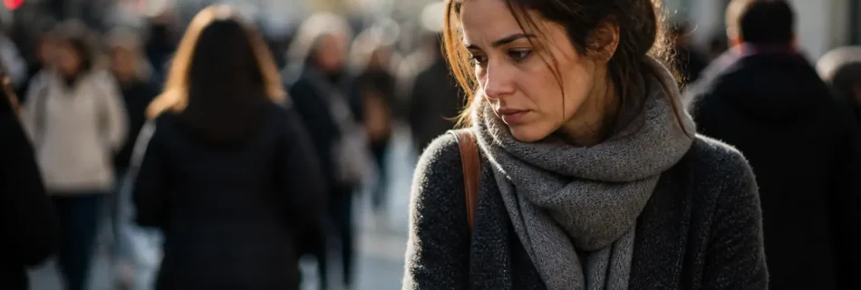 femme seule dans une foule regard fuyant expression triste doute et manque de confiance en soi isolement émotionnel