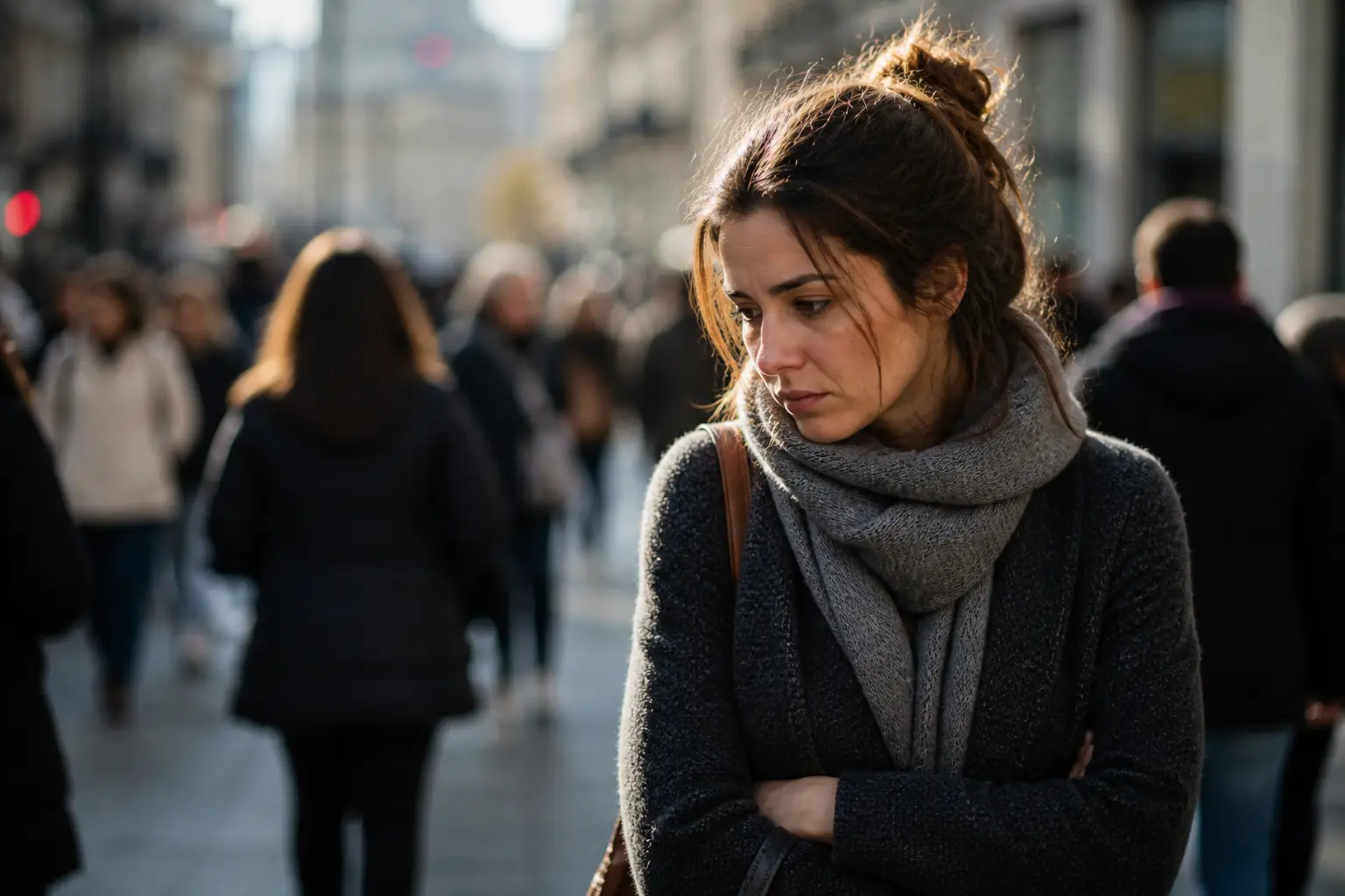 femme seule dans une foule regard fuyant expression triste doute et manque de confiance en soi isolement émotionnel