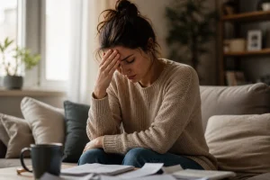 femme stressée assise seule tête dans la main surcharge mentale fatigue émotionnelle