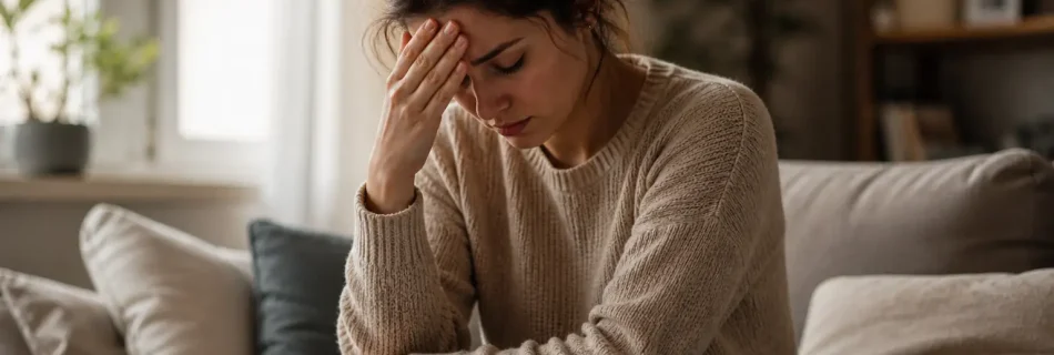 femme stressée assise seule tête dans la main surcharge mentale fatigue émotionnelle