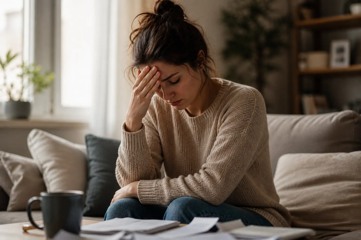 femme stressée assise seule tête dans la main surcharge mentale fatigue émotionnelle