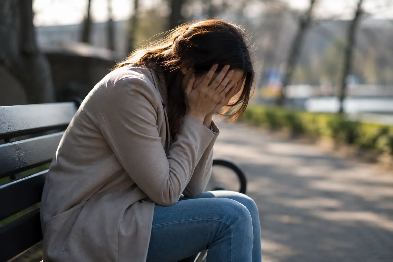 femme stressée assise sur un banc tête dans les mains pensées envahissantes fatigue mentale