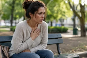 femme stressée assise sur un banc regard inquiet surcharge émotionnelle anxiété respiration courte