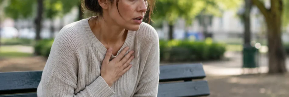 femme stressée assise sur un banc regard inquiet surcharge émotionnelle anxiété respiration courte