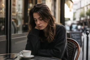 femme triste assise seule en terrasse regard baissé manque de confiance en soi fatigue émotionnelle