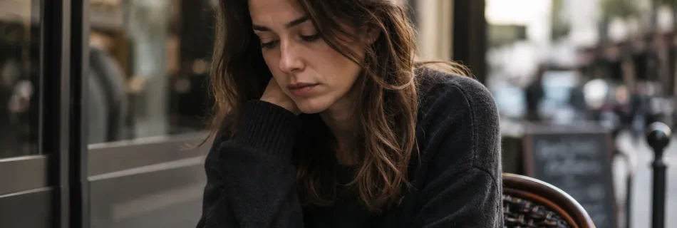 femme triste assise seule en terrasse regard baissé manque de confiance en soi fatigue émotionnelle