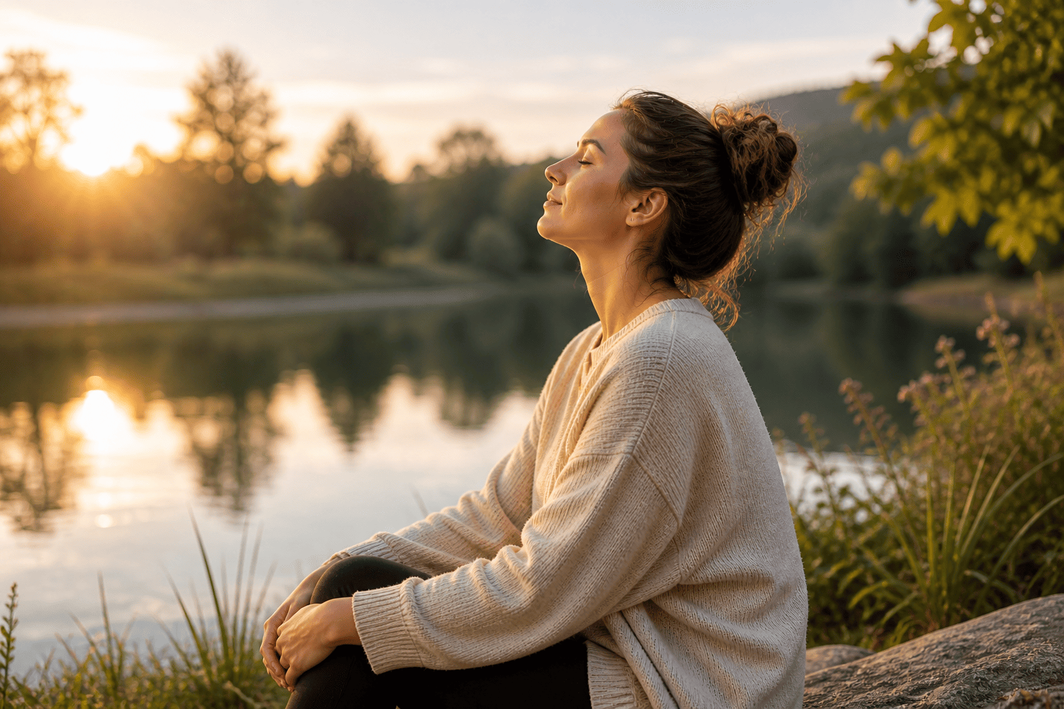 femme calme nature respiration lâcher prise bien être mental apaisement stress