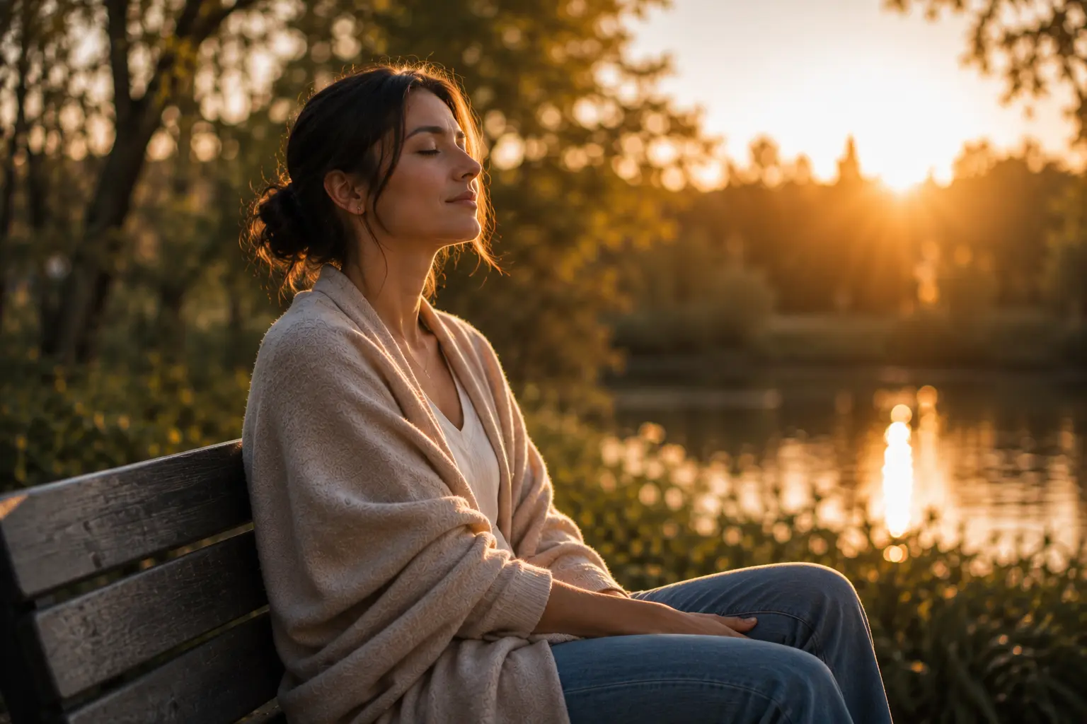 femme apaisée en nature yeux fermés lâcher prise sérénité émotionnelle