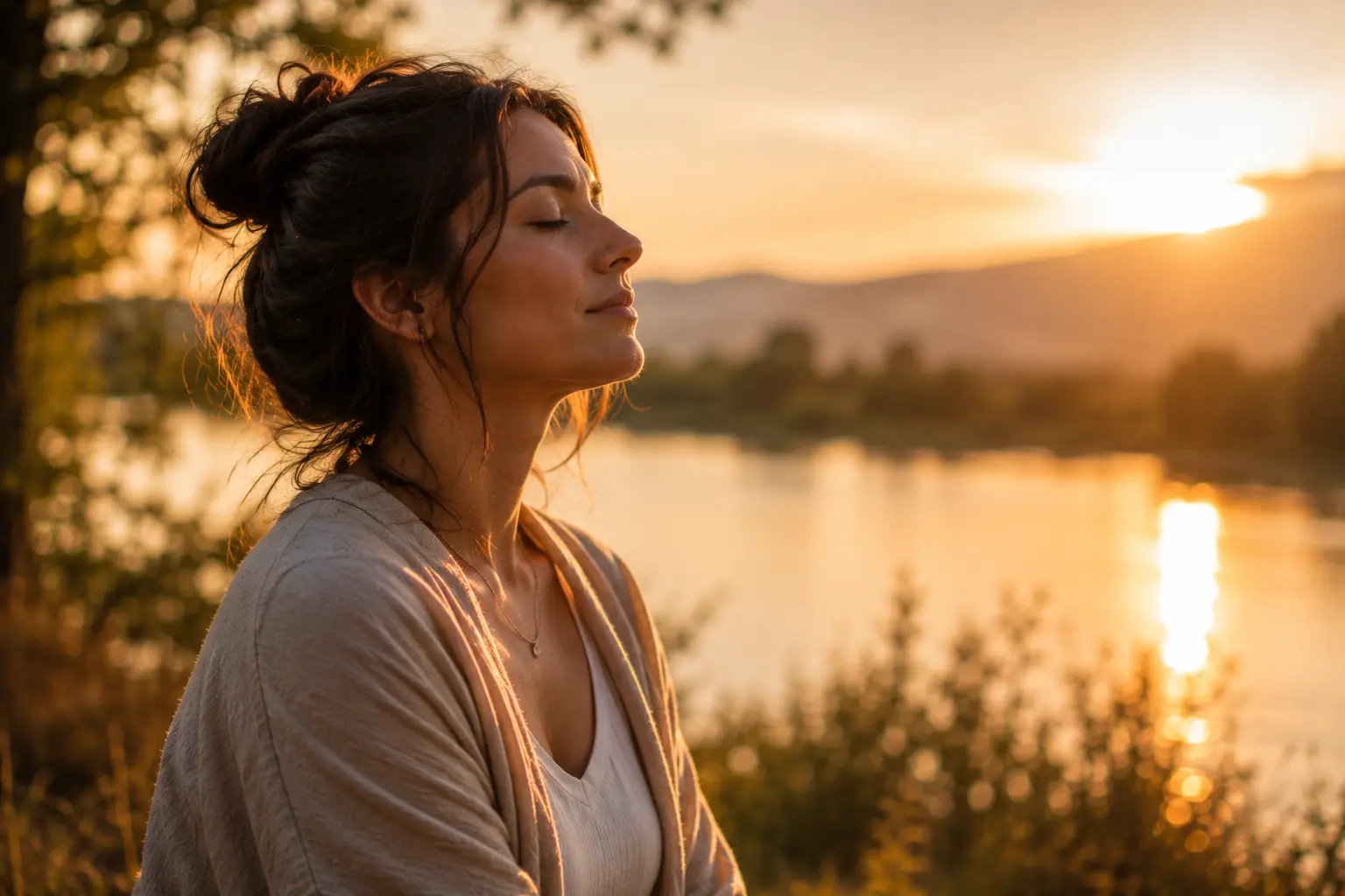 femme sereine yeux fermés reconnexion à soi paix intérieure équilibre émotionnel